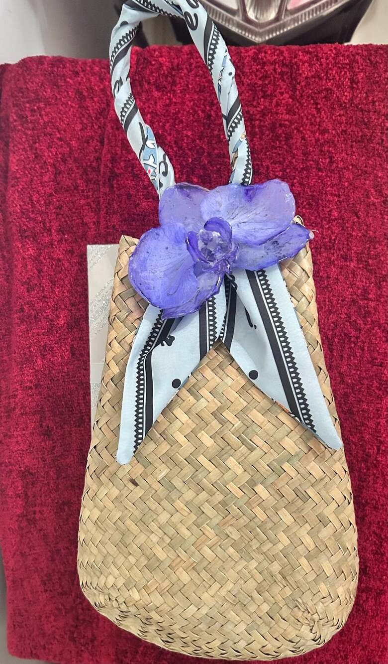 Vintage Handwoven Straw Beach Bag with Scarf Handle and Floral Accent